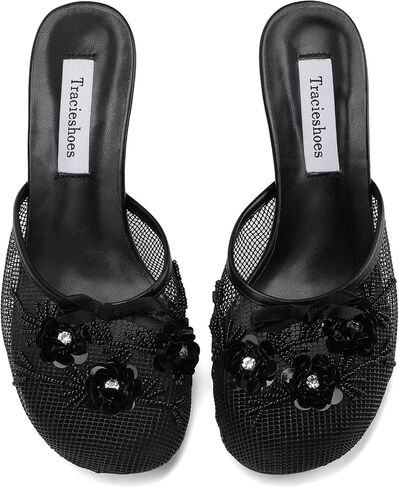Women's Mesh Mule Slip On Sandals With Floral Sequin Embellishments Round Toe Middle Heel Slides Slippers 2.5 Inch in Kuwait