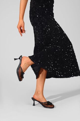 Women's Mesh Mule Slip On Sandals With Floral Sequin Embellishments Round Toe Middle Heel Slides Slippers 2.5 Inch in Kuwait