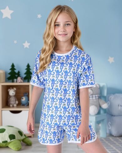 Girls Summer Monkey Short Set Kid 2 Piece Beach Clothing Outfit Y2k Preppy Loungewear Pjs Holiday Vacation Tracksuit in Saudi Arabia