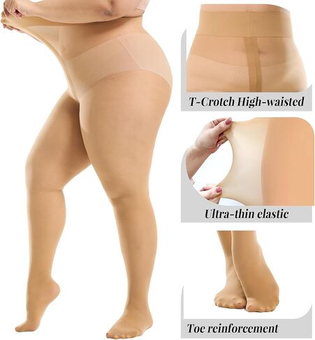 2 Pairs Plus Size Tights for Women,Semi-Sheer T-Crotch Rip Resistant High Waist Pantyhose with Reinforced Toes in Saudi Arabia