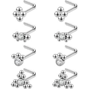 4Pair 20G Nose Rings Studs 316L Surgical Steel Nose Rings for Women Hypoallergenic Corkscrew L Shaped Nose Piercing Stud Jewelry for Women Men CZ Small Cute Nostril Piercing jewelry