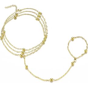 Gold Bracelets for Women, 18K Gold Plated Hand Chain, Cubic Zirconia Stainless Steel Non Tarnish Hand Chain Bracelet with Finger Ring, Adjustable Trendy Jewelry Valentines Day Gifts for Women