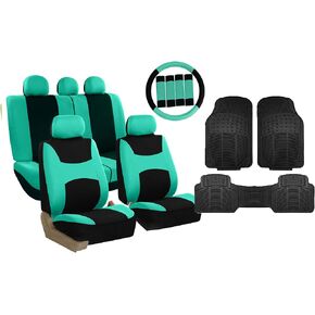 FH Group Light & Breezy Cloth Full Set Car Seat Covers (Black) Combo Set: Steering Wheel Cover, Seat Belt Pads and Black Vinyl Floor Mats – Universal Fit for Cars Trucks & SUVs
