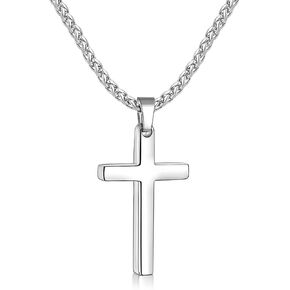 Fiusem Cross Necklace for Men, Silver Tone Mens Cross Necklaces with 2.5mm Chain, Stainless Steel Wheat Chain, 16-24 Inch