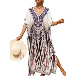 Women's V-Neck Batwing Sleeve Kaftan Dress Lightweight Beach Swimwear Cover Up for Mumu Tropical Vacation