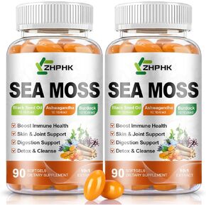 Organic Sea Moss Softgels with Black Seed Oil, Ashwagandha, Burdock, Turmeric, Elderberry, Omega 3 for Immune System, Skin, Joint, Energy, Gut Support 90-Count, 45 Days Supply