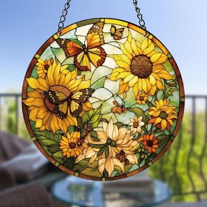HOTIYOK Sunflower Stained Acrylic Window Hangings Panels Butterfly for Window Yellow Birthday Memorial Gift for Mom Flower Lover Home Garden Decoration