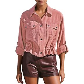 Locachy Women's Casual Lapel Cropped Jacket Lightweight Button Down Short Shirts Blouses Tops with Pockets