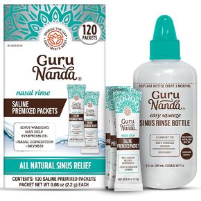 GuruNanda Sinus Rinse Bottle & Saline Premixed Packets 120ct - All Natural Sinus Rinse Packets to Help with Allergies & Congestion Relief, 0.08oz Each