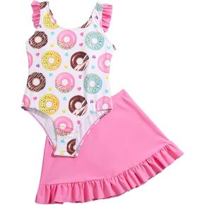 Girl's 2 Piece Bathing Suit QUTE Graphic Ruffle Trim One Piece Swimsuit with Solid Cover Up Skirt Swimwear