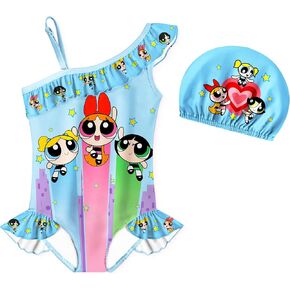 Super Girls Swimsuits One Piece Power Cartoon Swimwear Kids Movie Bathing Suit Ruffle Swim Set 4-8 Years