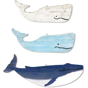 Putuo Decor Blue and White Whale Beach Wall Decor Wooden Nautical Decor Rustic Whale Wall Pediments Set 3 Piece Ocean Hanging Decor for Living Room Bedroom Bathroom