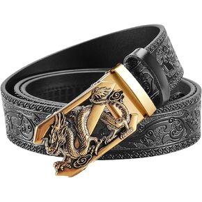 Luxury Men's Belts Engraved Vintage Dragon Head Automatic Buckle Alloy, Leather Men Waist Strap, Slide Easier Adjustable Belt, Cut To Fit, Men Dress Casual Ratchet Belt