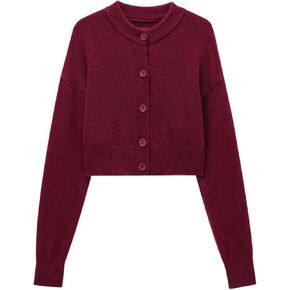 FindThy Women’s Cropped Cardigan Sweater Crewneck Solid Color Long Sleeve Button Down Knitted Outerwear Top
