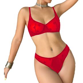 Women's Sexy 2 Piece Mesh Lace Underwire Lingerie Set Floral Kawaii Cute See Through Bra and Panty