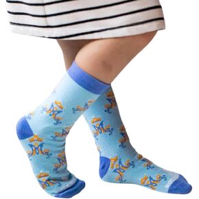 Sock Religious, Marian Monogram, Royal Blue, Boys and Girl's One Size Fits Most Polyester Blend Catholic Inspirational Fun Crew Socks, Kids
