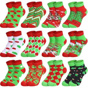 12 Pairs Christmas Ankle Socks for Kids Red Green Funny Xmas Novelty Crew Holiday Gift Socks for Boy Girls