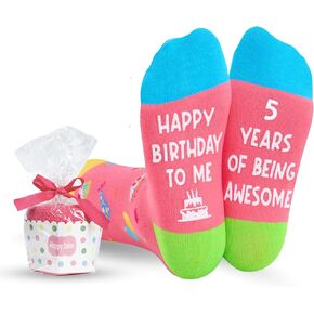Colorful Non-Slip Kids Socks – Happy Birthday To Me, 5 Years Of Being Awesome – Fun Birthday Gift for 5-Year-Old Boys & Girls, Safe Cotton Socks for Kids, White Elephant Gifts for Adults