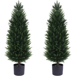4FT Artificial Cedar Topiary Trees, Set of 2 Tall Faux Tree Potted Plants with Trunk 37in Fake Cypress Tree for Indoor Outdoor Front Porch Garden Decor