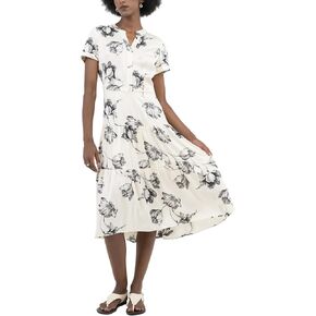 Womens Midi Dress Silk White V Neck Band Collar A Line Short Sleeves Pull On Work Office Business Casual
