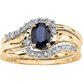PalmBeach Yellow Gold-plated Sterling Silver Oval Cut Genuine Midnight Blue Sapphire and Diamond Accent Bridal Ring Set Sizes 5-10