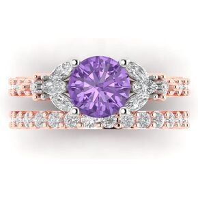 Clara Pucci 2.72ct Round Marquise cut Custom Engraving 3 stone Faux Alexandrite Proposal Ring Band Wedding Bridal Set 14k 2 tone Gold 10