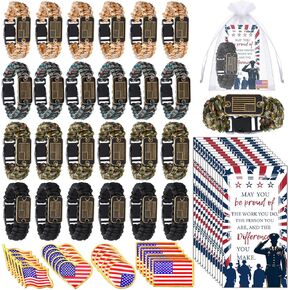96 Pcs American Flag Lapel Pins and Patriotic Paracord Bracelet with Bronze USA Flag, 4th of July Pins Heart, Gift Cards Organza Bags Tactical Survival Bracelet for Veterans Day Military