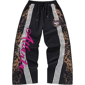 Men's Y2K Leopard Print Baggy Sweatpants Vintage Side Stripe Drawstring Jogging Pants Streetwear