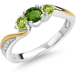 925 Silver and 10K Yellow Gold Green Tourmaline Green Peridot and White Lab Grown Diamond 3 Stone Engagement Ring For Women (0.52 Cttw, October Birthstone, Available In Size 5, 6, 7, 8, 9)