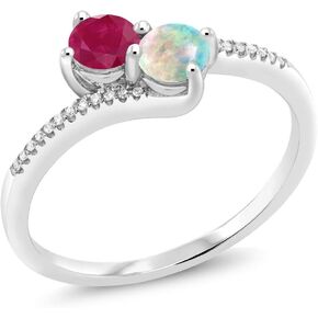 Gem Stone King 10K White Gold Forever United 2 Stone Red Ruby and White Simulated Opal and Diamond Engagement Ring For Women (0.72 Cttw, Round, Avaiable in Size 5,6,7,8,9)