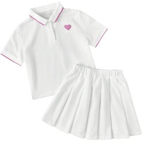 GORGLITTER Girl's 2 Piece Outfits Cute Heart Embroidery Short Sleeve Collared Shirt and Pleated Skirt Set