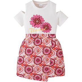 Girls Summer Clothes Cold Shoulder Short Sleeve T-shirt and Irregular Floral Skirt 2Pcs Outfit Set
