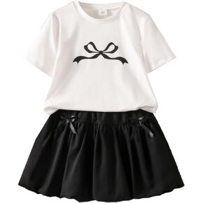 Girl's 2 Piece Outfits Bow Short Sleeve Tee Shirts and Shorts Set Summer Cute Clothes Sets
