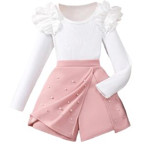 WDIRARA Girl's 2 Pieces Outfits Ruffle Long Sleeve T Shirt Pearl Beaded Skorts Sets