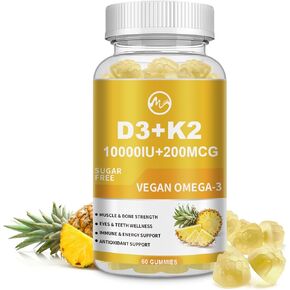 Vitamin D3 K2 Gummies, Vitamin D3 10000IU, K2 (MK-7) 200mcg, 6-in-1 Vitamina D3 Con K2 Supplement with Omega-3, Magnesium, Calcium and Zinc for Bones, Teeth & Immune Support, Sugar Free, 2 Packs