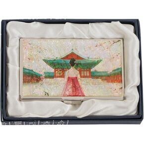 February Mountain Mother of Pearl Business Card Holder – Korean Hanbok Woman Design | Elegant Slim Card Case for Women, Travel, Office, Birthday, Cultural Gift