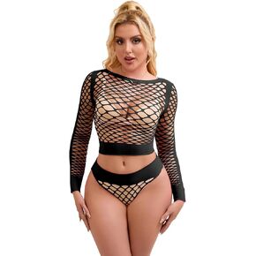 comeondear Women's Sexy Mesh Fishnet Babydoll Bodysuit - Pink Long Sleeve Crotchless Fishnet Top - Plus Size - M-3XL