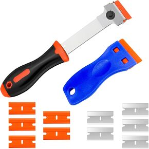 2 PCS Razor Blade Scraper, Razor Scraper Tool with Extra Metal and Plastic Blades, Cleaning Scraper Kit for Removing Label Grease Tint Registration Sticker, Car Accessories (Orange+Orange)