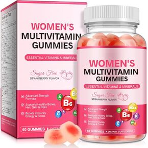 Sugar Free Women's Multivitamin Gummies - Supports Hormone Balance and Antioxidants, Strawberry Flavour for Healthy Bones, Vitality and Focus, 30 Day Supply, 60 Capsules
