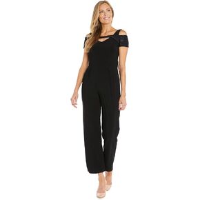 R&M Richards Sparkling Rhinestone Peek-a-Boo Jumpsuit W/Cold Shoulder Sleeves