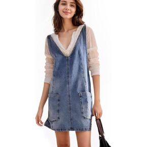 Women Stretch Denim Overalls Mini Dress Adjustable Shoulder Straps High Roller Skirtall Casual Jean Romper Jumpsuit