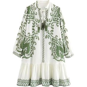 Women's Bohemian Dress Summer Floral Print Pleated Long Sleeve Mini Dresses Casual Button Down V Neck Beach Dress