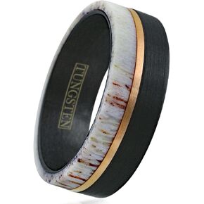 Personalized Engraved 6mm/8mm Brushed Finish Black Tungsten Carbide Flat Band Ring with Rose Gold Stripe and Raw Speckled White Deer Antler Inlay. in Kuwait