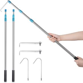 Lasnten 2 Pack 6.3 ft Truck Cargo Grabber Reach Retriever Tool with Two Hooks, Expandable Heavy Duty Stainless Steel Truck Bed Telescoping Pull Pole Extendable Tool for Pickup SUV Boat Accessories