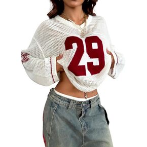 Verdusa Women's Y2k Tops Oversized Hollow Out Crochet Jersey Shirts Graphic V Neck Pullover Sweater White Small