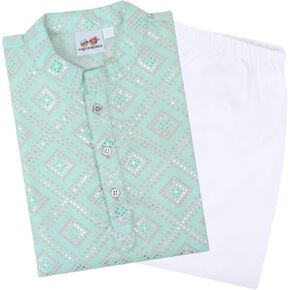Baby Boys Silver Foil Printed Cotton Kurta, Round Collar, Full Sleeves With White Pyjama