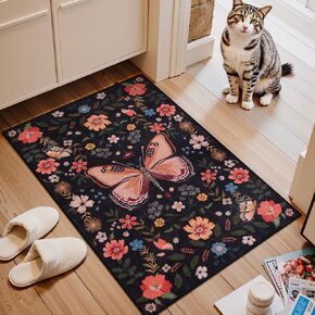 Beeiva Butterfly Insect Rug Runners for Hallways Non Slip 2x6, Black Low Pile Washable Kitchen Runner Rug, Stain Resistant Ultra Thin Floral Carpet for Entryway Bedroom Bathroom (Black, 2'x6')