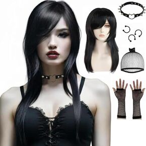 ANOGOL Hair Cap+ 8 PCS Set Emo Costume Women Long Black Wig Scene Wig 2000S Themed Party Outfits Pop Punk Party Goth Costume for Halloween Party (3 Fake Piercings, 1 Pair of Fishnet Gloves, 1 Choker)