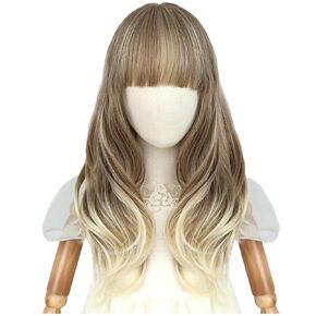 Ash Blonde Wig Long Wavy Blonde Ombre Wig with Bangs for Girls Heat Resistant Synthetic Hair for Party Cosplay Costume