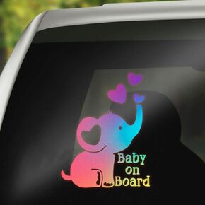 Funny Baby on Board Elephant Car Sticker Decal, Reflective Vinyl Truck Window Decoration Stickers, Adhesive Waterproof Auto Decals for Wall Laptop Bumper (White)